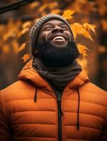 africano hombre en emocional dinámica actitud en otoño antecedentes ai generativo foto