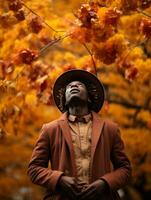 African man in emotional dynamic pose on autumn background AI Generative photo
