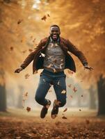 African man in emotional dynamic pose on autumn background AI Generative photo