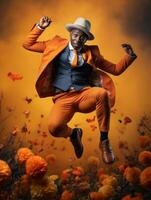 African man in emotional dynamic pose on autumn background AI Generative photo