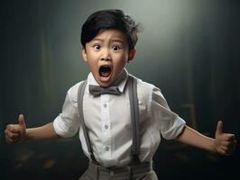 asiático niño en emocional dinámica actitud en colegio ai generativo foto