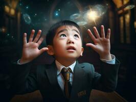 Asian kid in emotional dynamic pose in school AI Generative photo