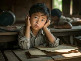 asiático niño en emocional dinámica actitud en colegio ai generativo foto