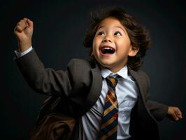 Asian kid in emotional dynamic pose in school AI Generative photo