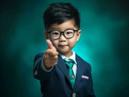 asiático niño en emocional dinámica actitud en colegio ai generativo foto