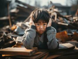 Asian kid in emotional dynamic pose in school AI Generative photo