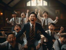 asiático niño en emocional dinámica actitud en colegio ai generativo foto