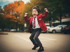 Asian kid in emotional dynamic pose in school AI Generative photo