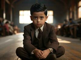 asiático niño en emocional dinámica actitud en colegio ai generativo foto