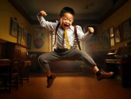 asiático niño en emocional dinámica actitud en colegio ai generativo foto