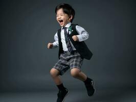 Asian kid in emotional dynamic pose in school AI Generative photo