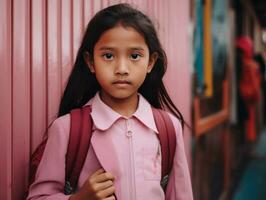 asiático niño en emocional dinámica actitud en colegio ai generativo foto