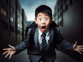 Asian kid in emotional dynamic pose in school AI Generative photo