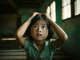 asiático niño en emocional dinámica actitud en colegio ai generativo foto