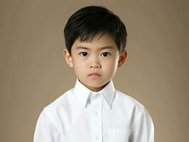 Asian kid in emotional dynamic pose in school AI Generative photo