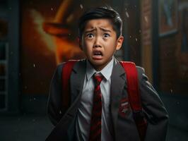 Asian kid in emotional dynamic pose in school AI Generative photo