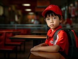 Asian kid in emotional dynamic pose in school AI Generative photo