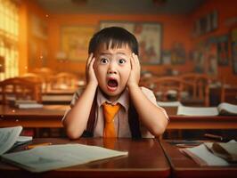 Asian kid in emotional dynamic pose in school AI Generative photo