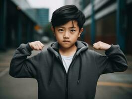 asiático niño en emocional dinámica actitud en colegio ai generativo foto