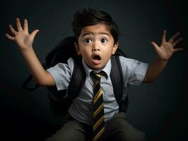 Asian kid in emotional dynamic pose in school AI Generative photo