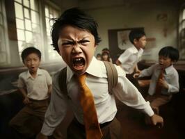 asiático niño en emocional dinámica actitud en colegio ai generativo foto