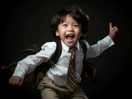 asiático niño en emocional dinámica actitud en colegio ai generativo foto