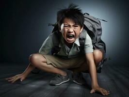 Asian kid in emotional dynamic pose in school AI Generative photo