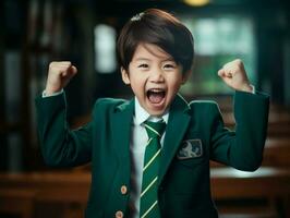 asiático niño en emocional dinámica actitud en colegio ai generativo foto