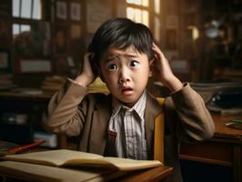 Asian kid in emotional dynamic pose in school AI Generative photo