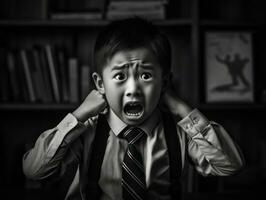 asiático niño en emocional dinámica actitud en colegio ai generativo foto