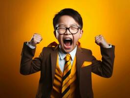 Asian kid in emotional dynamic pose in school AI Generative photo