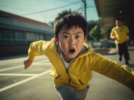 asiático niño en emocional dinámica actitud en colegio ai generativo foto