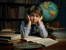 asiático niño en emocional dinámica actitud en colegio ai generativo foto