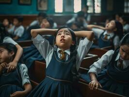 Asian kid in emotional dynamic pose in school AI Generative photo