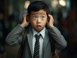 asiático niño en emocional dinámica actitud en colegio ai generativo foto