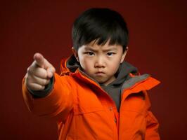 Asian kid in emotional dynamic pose in school AI Generative photo