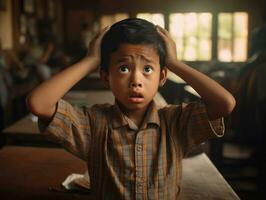 Asian kid in emotional dynamic pose in school AI Generative photo