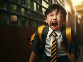 Asian kid in emotional dynamic pose in school AI Generative photo