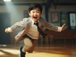 Asian kid in emotional dynamic pose in school AI Generative photo