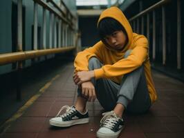 asiático niño en emocional dinámica actitud en colegio ai generativo foto