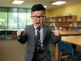 Asian kid in emotional dynamic pose in school AI Generative photo