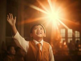 Asian kid in emotional dynamic pose in school AI Generative photo