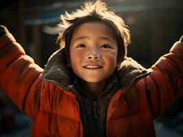 Asian kid in emotional dynamic pose in school AI Generative photo