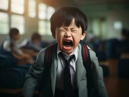 asiático niño en emocional dinámica actitud en colegio ai generativo foto