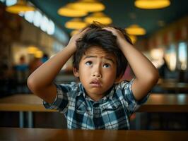 Asian kid in emotional dynamic pose in school AI Generative photo