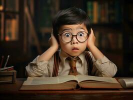 asiático niño en emocional dinámica actitud en colegio ai generativo foto