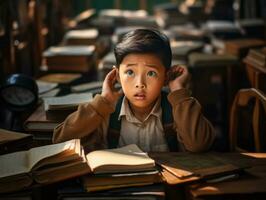 Asian kid in emotional dynamic pose in school AI Generative photo