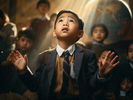 asiático niño en emocional dinámica actitud en colegio ai generativo foto