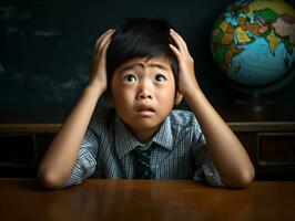 Asian kid in emotional dynamic pose in school AI Generative photo