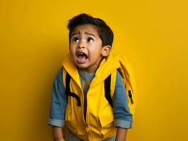 Asian kid in emotional dynamic pose in school AI Generative photo